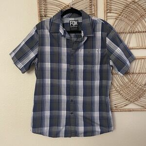 FOX Racing Plaid Short Sleeve Shirt Blue Gray Button Up Surfer Skater M READ B17